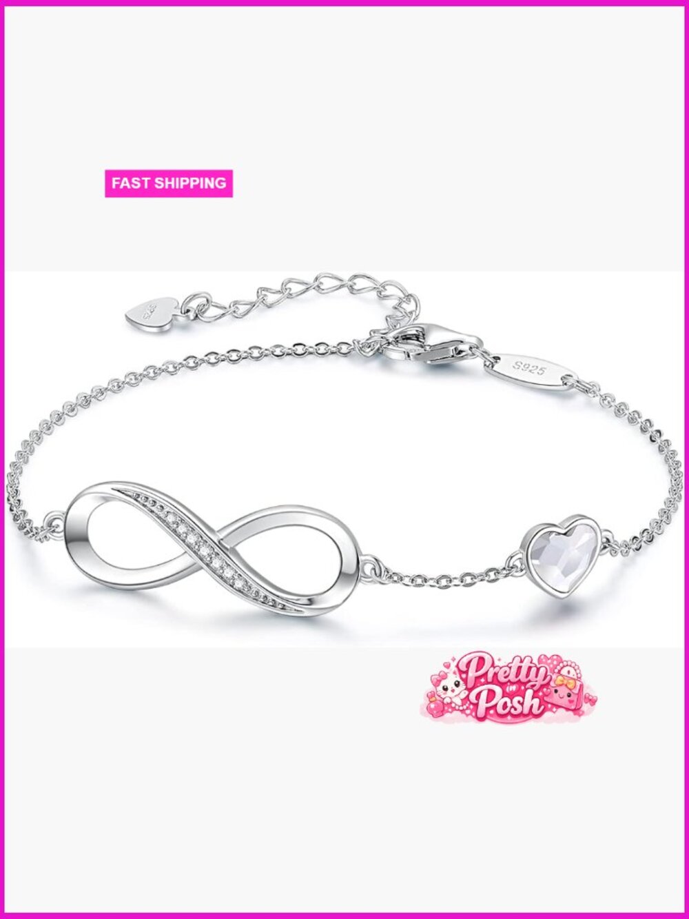 925 Sterling Silver Infinity Heart Charm Link Bracelet Adjustable